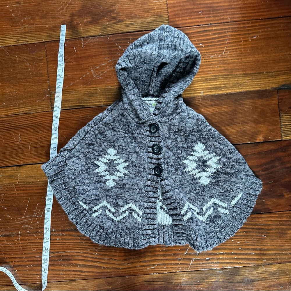 Gray Hooded Knit Poncho with Pattern